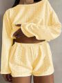 Plus Size Eyelet Casual Shorts Set, Crew Neck Long Sleeve Top & Shorts Outfits, Women's Plus Size Clothing. 