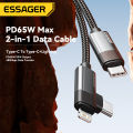 2m Long Essager 2-in-1 Right Angle Cable C-L 29W C-C 65W Fast Charging Elbow Data Cable For iPhone 16 15 14 13 12 MacBook iPad.