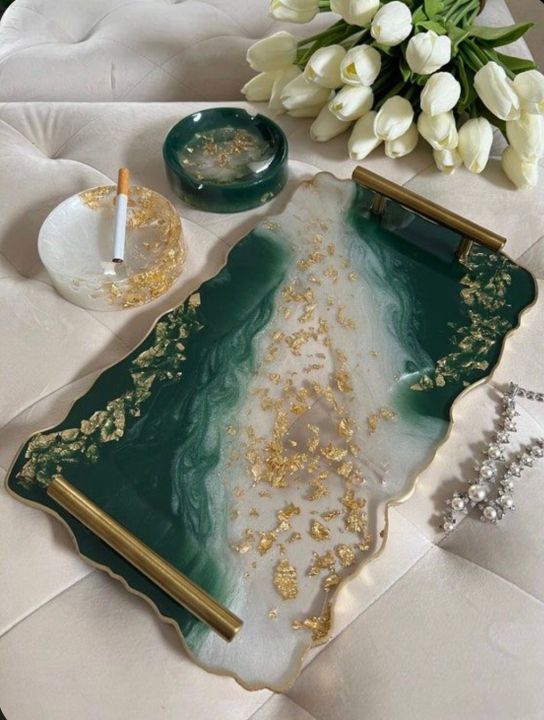 Pathalo and white swirls resin tray 11 inches perfect for serving vanity and jewellery