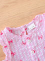 2pcs Summer Baby Girls Pink Gingham Bow Print Set, Ruffle Sleeveless Top + Shorts, Sweet Style, Daily/Outdoor Wear, 0-36M, Breat.