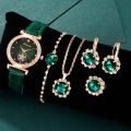 6PCS Set Green Luxury Quartz Watch Women Ring Necklace Earring Rhinestone Fashion Wristwatch Casual Ladies Bracelet Watches.