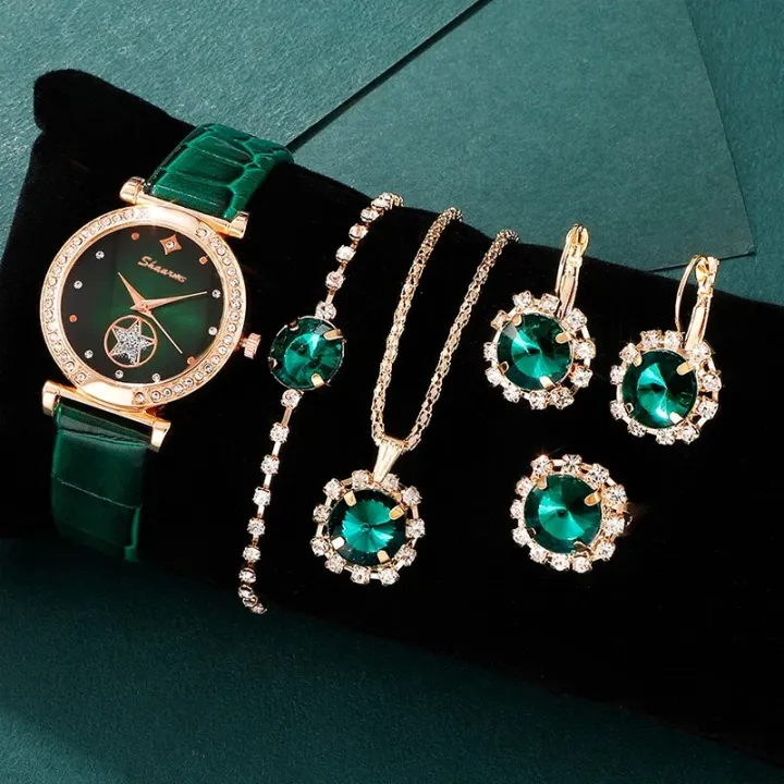 6PCS%20Set%20Green%20Luxury%20Quartz%20Watch%20Women%20Ring%20Necklace%20Earring%20Rhinestone%20Fashion%20Wristwatch%20Casual%20Ladies%20Bracelet%20Watches%20-%20Image%202