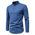 Men's solid color casual slim fitting standing collar long sleeved business shirt shirt. 