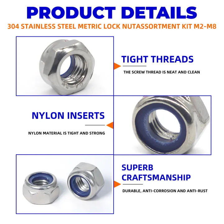 200pcs%20DIN985%20Hex%20Nylon%20Insert%20Self%20Lock%20Nut%20Nylock%20Locknut%20Assortment%20Kit%20Set%20M2%20M2.5%20M3%20M4%20M5%20M6%20M8%20304%20A2-70%20Stainless%20Steel%20-%20Image%204