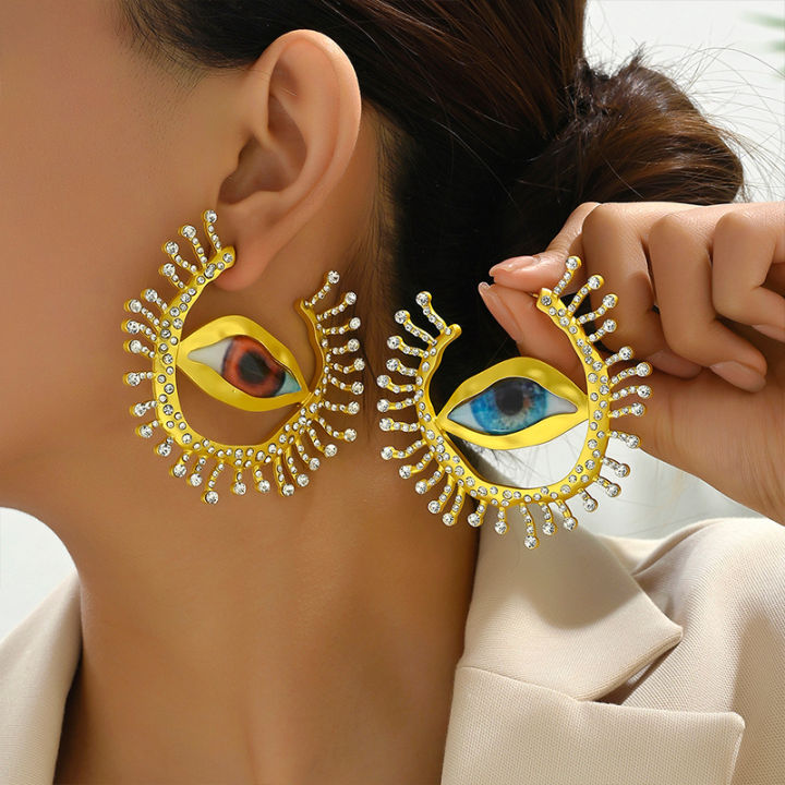 Gold Color Big Evil Eye Hoop Earrings For Women Gold Color Exaggerated Crystal Stone Left Right Side Statement Earrings For Girl