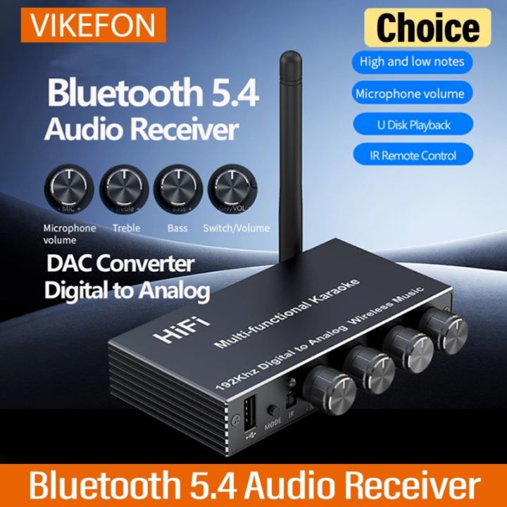 VIKEFON Bluetooth 5.4 Audio Receiver DAC AUX RCA USB Coaxial Optical 6.5MM Microphone Karaoke Hifi Stereo DSP Wireless Adapter