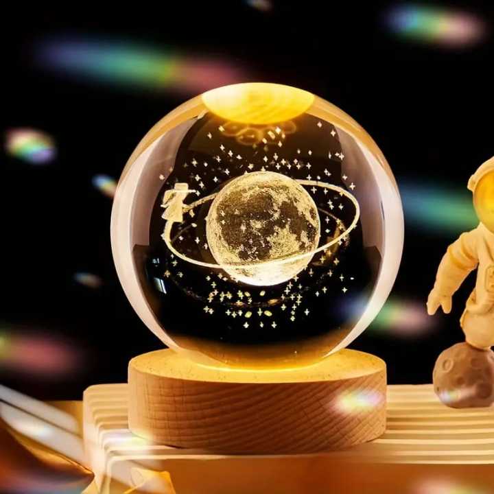 Moon Shape Milky Way Galaxy Crystal Ball LED Night Light with Wooden Base - 3D Astronaut Moon Lamp for Kids' Bedroom Ambiance, USB Tabletop Decoration Gift