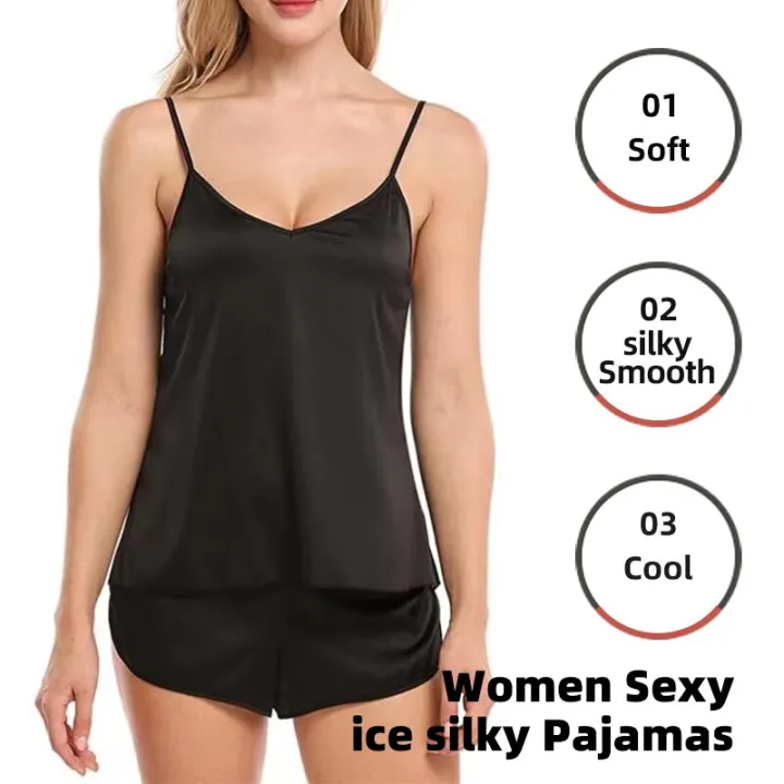 Women%20Sexy%20Ice%20Silky%20Pajamas%20Nightclothes%20Sleepwear%20Camisole%20And%20Shorts%20White%20Black%20Gray%20L%20XL%20XXL%20Comfortable%20Casual%20Summer%20-%20Image%202