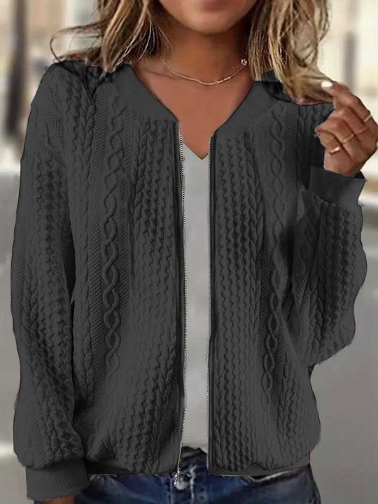 Plus-size%20women's%20solid%20color%20long-sleeve%20open-collar%20casual%20knitted%20twist%20zip%20jacket%20coat%20-%20Image%202