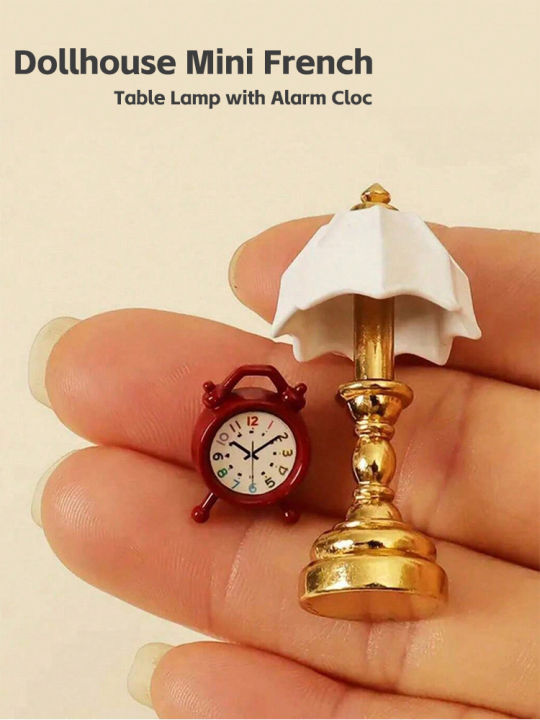Dollhouse Mini French Table Lamp with Alarm Clock, Alloy Steel 1:12 Model Decor, No Power Required for Bedroom/Living Room
