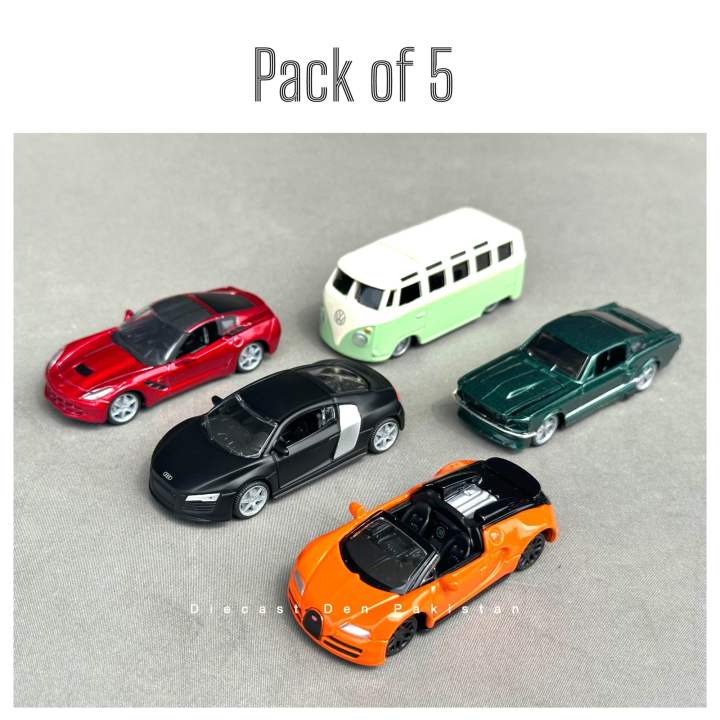 Audi R8, Bugatti Veyron, Corvette C7, 1967 Mustang Volkswagen Samba Van 1:64 Scale Diecast Metal Car - Pack of 5