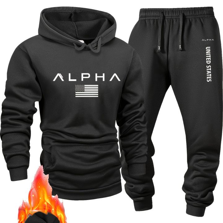 Men casual sportswear set Fashionable American-style letter printed fleece pullover and fitted sweatpants set highly versatile