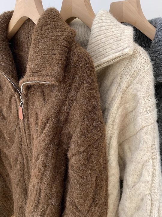 Retro%20Solid%20Double%20Zipper%20Turn-down%20Collar%20Sweater%20Women%20Autumn%20Winter%20New%20Lazy%20Style%20Loose%20Knitted%20Cardigan%20Thicken%20Loose%20Tops%20-%20Image%204