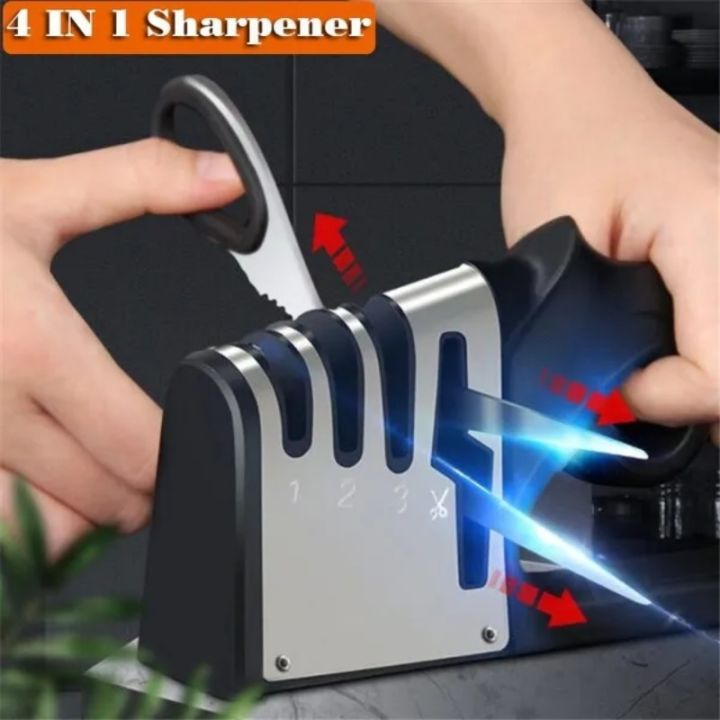 Professional 4-in-1 Knife & Scissors Sharpener with Diamond Blades - Fast Sharpening, Ergonomic Handle, Portable for Kitchen