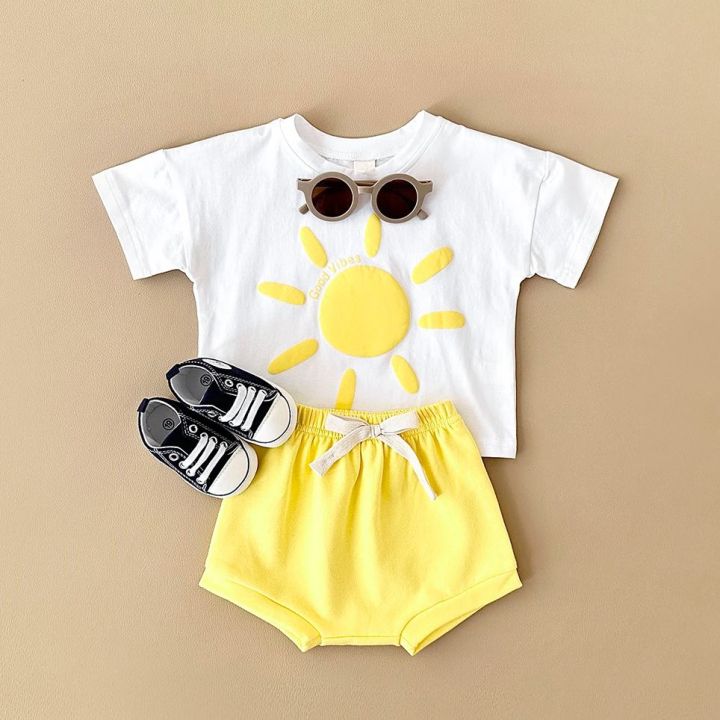 2024 Summer Girl Baby Clothes Set Newborn Baby Cotton Sun Flower Print T-shirt+Beach Shorts Toddler Boy Outfit Suit 0-3Y