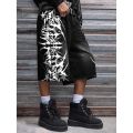 Men Black Non-Stretch Denim Jorts Summer Streetwear Print Baggy Wide Leg Knee Length Hip Hop Casual Shorts Y2K Punk Style.