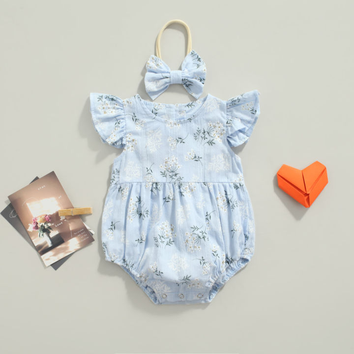 Baby%20Romper%20with%20Hairband%20Kids%20Floral%20Print%20Round%20Neck%20Fly%20Sleeve%20Bodysuit+%20Headband%20for%20Summer%20Blue/Yellow%200-24%20Months%20-%20Image%203