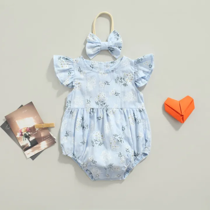 Baby%20Romper%20with%20Hairband%20Kids%20Floral%20Print%20Round%20Neck%20Fly%20Sleeve%20Bodysuit+%20Headband%20for%20Summer%20Blue/Yellow%200-24%20Months%20-%20Image%203