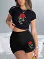 Trend Woman Crop T-Shirts & Shorts Two Pieces Set Red Roses Wrapped In Ribbons Prints Tops Slim O-Neck High Elastic Soft Clothes. 