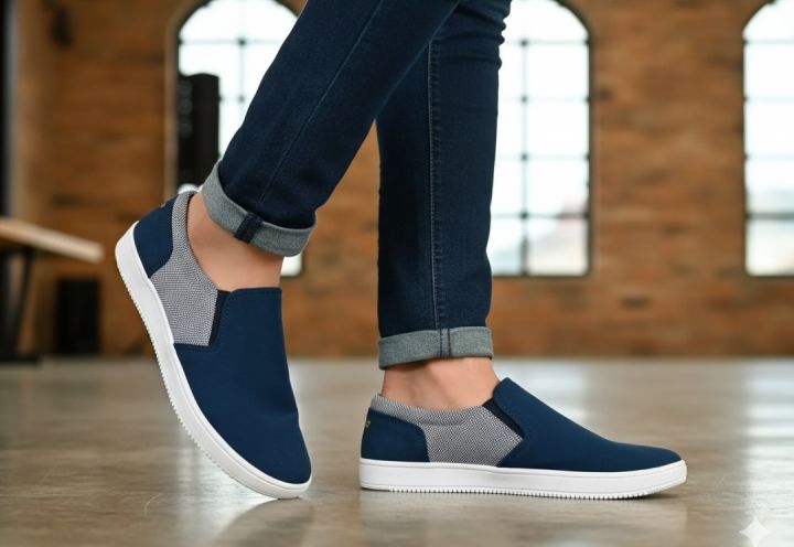 Sneakers check print slip on blue,black  fashionable shoes medium cut design with rubber material sool