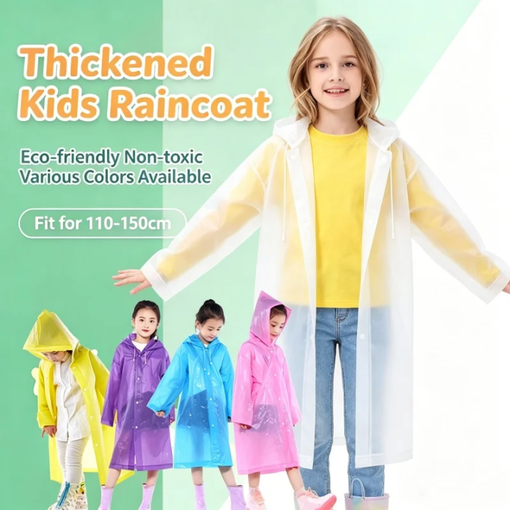 Kids EVA Reusable Raincoat Waterproof Transparent Hooded Poncho Lightweight Thickened Rainwear Unisex for School Hiking Camping