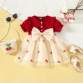 Summer New Pattern Girls' Baby Bubble Sleeve Dress Pineapple Embroidery Gauze Splice Bowknot Infant Dress Versatile Girl Children'S  Clothing (0-3 Years Old). 