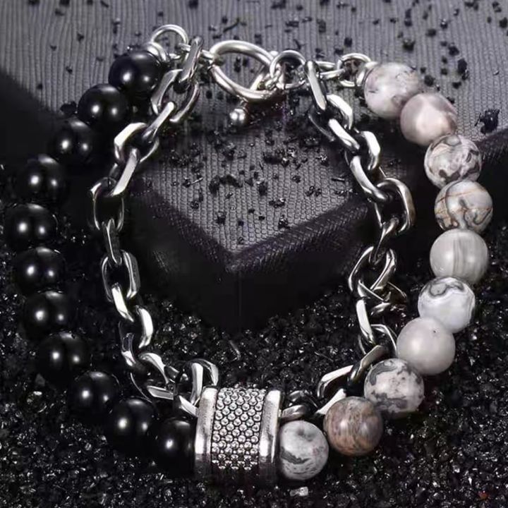 1%20Piece%20Punk%20Simple%20Temperament%20Black%20Beaded%20Chain%20with%20Natural%20Stone%20Beaded%20Chain%20Bracelets%20MEN'S%20FASHION%20Items%20Holiday%20Travel%20-%20Image%202