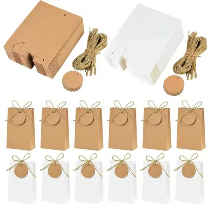 10/20/30pcs Retro Kraft Paper DIY Bag White Brown Cookie Wedding Favor Candy Box Food Packaging Bag With Rope Birthday Deco