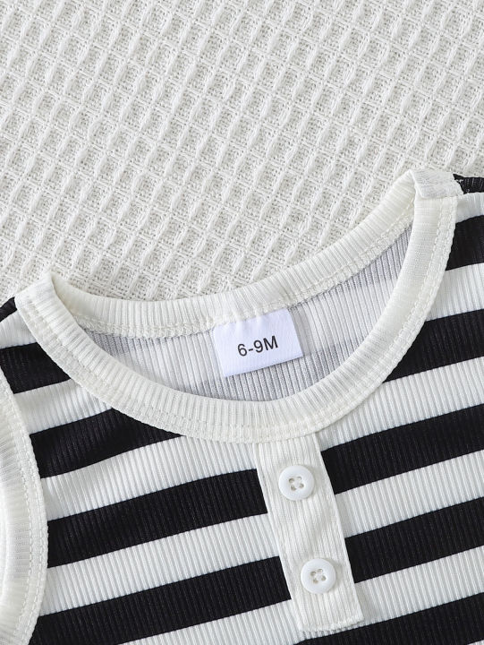2pcs%20Summer%20Baby%20Boys%20Girls%20Black%20White%20Striped%20Ribbed%20Tank%20Set,%20Casual%20Style,%20Daily/School%20Wear,%200-3Y,%20Breathable%20Fabric%20-%20Image%203