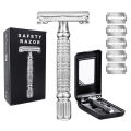 Double Edge Safety Razor Old-fashioned Metal Shaver Beard Barber Wet Shaving Twist Open for Men Women With 5 Blades and Mirror.