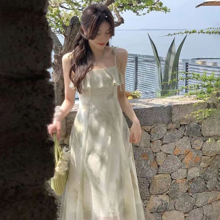 Women Dress Summer French Vintage Midi Dresses Print Elegant Party