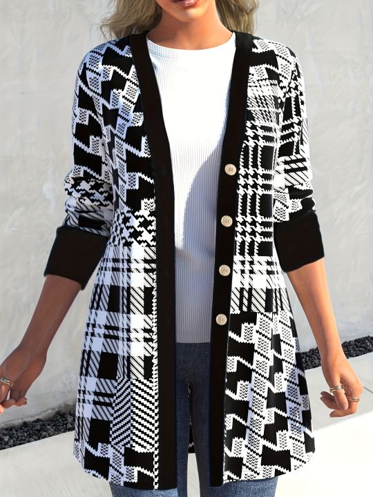 Plus Size Women's Elegant Geometric Print Button-Up Cardigan Knit Long Sleeve Open Front Sweater Autumn/Winter Casual Outerwear