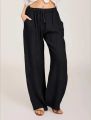 Women's Cotton Linen Pants Casual Loose Solid Elastic Waist Pocket Straight Trousers Ladies Oversize Wide Leg Pant Streetwear.