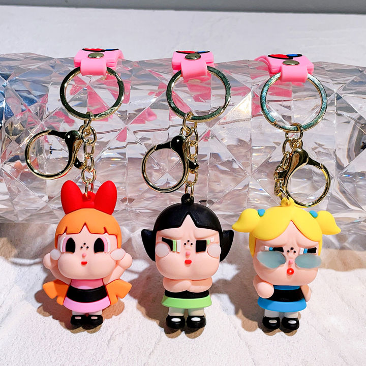 Cute Powerpuff Girls Figure Keychain Anime Cartoon Keyring Jewelry Pendent Car Key Accessories Ornament Toy Xmas Gift for Kids