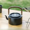 1.2L Lightweight Aluminum Alloy Camping Kettle with Wooden Handle Black And Gray Portable Outdoor Cooking Pot.