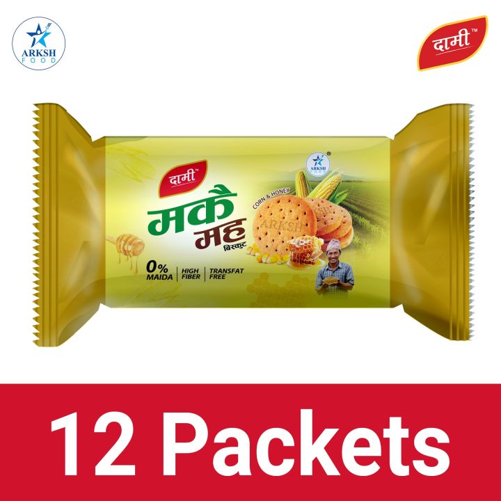 Arksh Food Dami Biscuit Corn & Honey/ Makai & Maha Biscuit - 50gm x 12 Packets