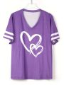 Plus Size Women Casual T-shirt Love Print V-Neck Short-Sleeved Top For Valentine's Day Gifts.