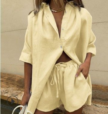 Women's%202%20Piece%20Cotton%20Linen%20Outfit%20Loose%20Short%20Sleeve%20Button%20Down%20Shirt%20Drawstring%20Elastic%20Waist%20Shorts%20Set%20Summer%20Beach%20Wear%20-%20Image%207