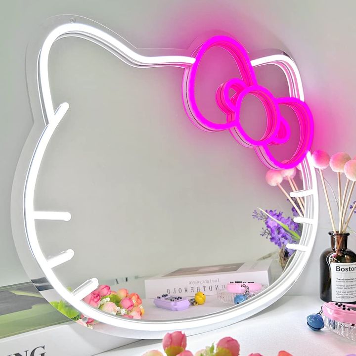 Hello Kitty Mirror Neon Sign For Wall Decor Cute Mirror Neon Sign For Bedroom Living Room Game Room Gifts For Girls Girlfriend