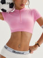 Seamless Yoga Crop Top Women Half Zip Mock Neck Short Sleeve Sports T-shirt Gym Workout Top Slim Fit Fitness Tights Sportswear. 