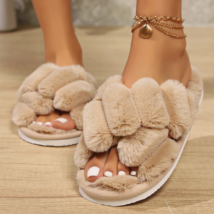 Fashion Cross Strap Fluffy Slippers Women Winter Home Open toed Plush Fur Slippers Woman Flat Heel Keep Warm Cotton Slides Shoes