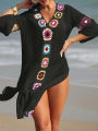 Fashion Style Hand Crochet Flower Block Beachwear Cover Up Beach Holiday Casual See-Through Dress Breathable Sunscreen Smock. 