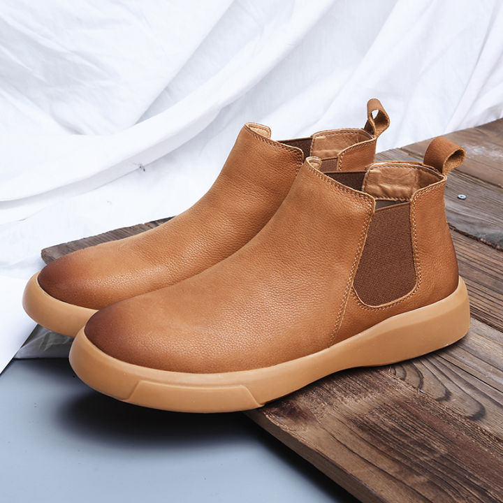 Winter Leather Men Ankle Boots with Fur High Quanlity Man Chelsea Boots Outdoor Casual Shoes No-slip High Top Male Work Shoes