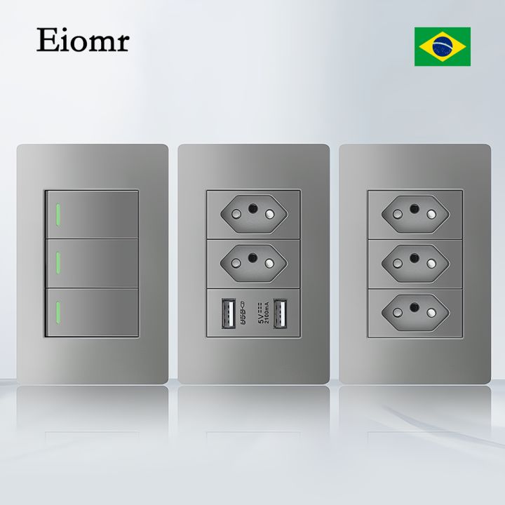Eiomr High Quality Brazil Standard Socket with USB Charging Port,Grey 118*75mm,Light Switch 20A Wall Outlet for Bedroom Office