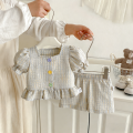 2pc/Set Girls' Outfit Set Summer Checkered Cotton Top And Shorts Baby Girl Clothes Cute Beach Baby Set. 