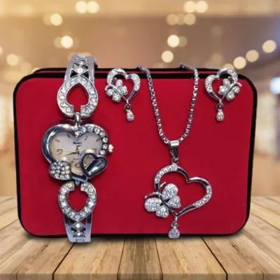 heart shaped necklace, earrings and luxury heart shaped watch with beautiful box packing Jewelry for girls / women's fashionable Jewellery