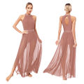 Womens Ballet Dress Lyrical Latin Dance Performance Costume Sleeveless Keyhole Back Shiny Rhinestones Side Split Mesh Maxi Dress.