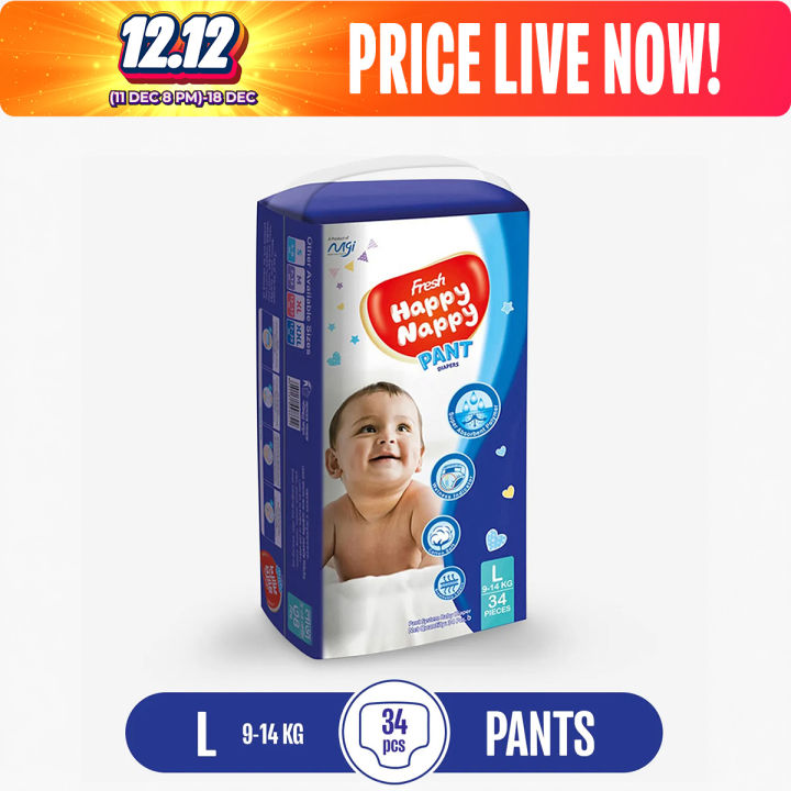 Fresh Happy Nappy Pant Diaper 9-14 Kg L Size 34 Pcs Standard Pack