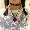 Gothic Wine Red Glass Crystal Big Heart Necklace Y2K Grunge Punk Puffy Heart Cord Rope Chain Pendant Necklace Women Girls Gift. 