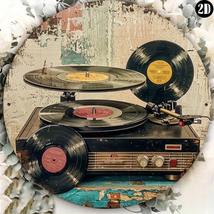 1pc Retro Vinyl Record Player Round Metal Sign - 8x8" Vintage Wall ...